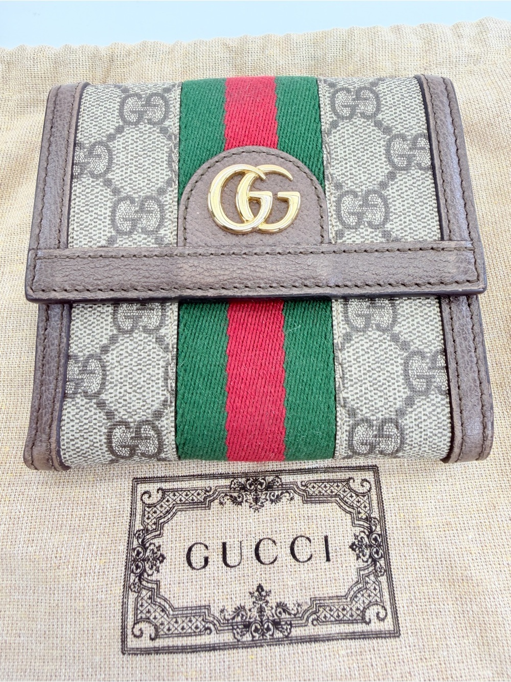 Gucci GG Canvas Small Ophidia Trifold Wallet in Gray with Green & Red Web